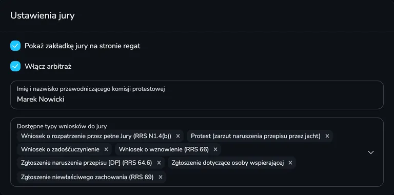 Karta Ustawienia jury z polami Pokaż zakładkę jury, Włącz arbitraż, Imię i nazwisko przewodniczącego komisji protestowej i Dostępne typy wniosków do jury