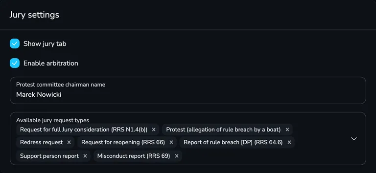 Jury settings card with the Show jury tab, Enable arbitration, Protest committee chairman name and Available jury request types fields