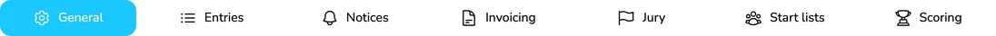 Regatta settings cards: General, Entries, Notices, Invoicing, Jury, Start lists and Scoring