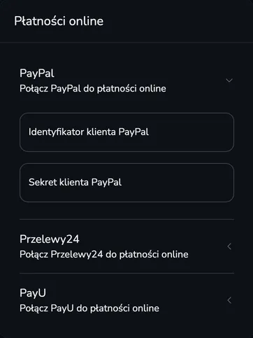 Sekcja Płatności online z rozwiniętą sekcją PayPal i polami Identyfikator klienta PayPal oraz Sekret klienta PayPal, a pod nią sekcje Przelewy24 i PayU