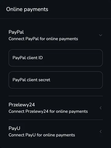 Online payments section with the expanded PayPal section and the PayPal client ID and PayPal client secret fields, followed by the Przelewy24 and PayU sections