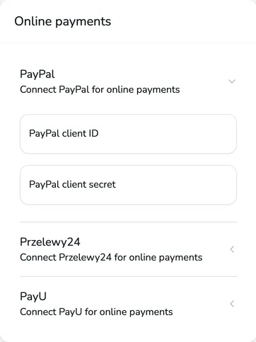 Online payments section with the expanded PayPal section and the PayPal client ID and PayPal client secret fields, followed by the Przelewy24 and PayU sections