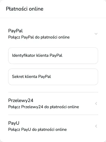 Sekcja Płatności online z rozwiniętą sekcją PayPal i polami Identyfikator klienta PayPal oraz Sekret klienta PayPal, a pod nią sekcje Przelewy24 i PayU