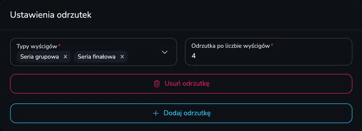 Sekcja Ustawienia odrzutek z jedną odrzutką dla serii grupowej i finałowej po 4 wyścigach