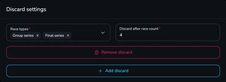 Discard settings section with one discard for the group and final series after 4 races