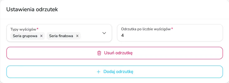 Sekcja Ustawienia odrzutek z jedną odrzutką dla serii grupowej i finałowej po 4 wyścigach