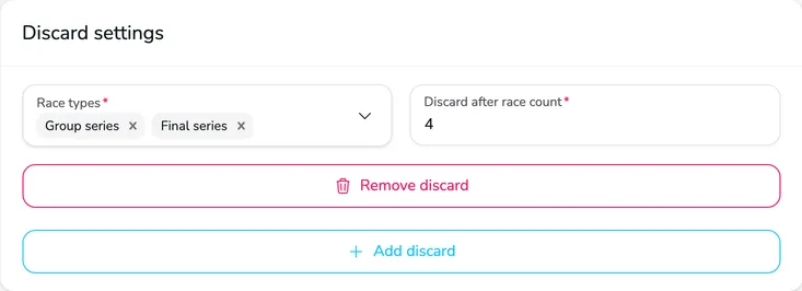 Discard settings section with one discard for the group and final series after 4 races