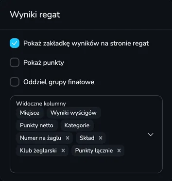 Sekcja Wyniki regat z polami Pokaż zakładkę wyników na stronie regat, Pokaż punkty, Oddziel grupy finałowe i Widoczne kolumny