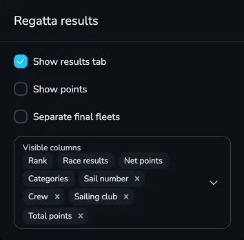 Regatta results section with the Show results tab, Show points, Separate final fleets and Visible columns fields