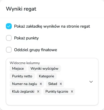 Sekcja Wyniki regat z polami Pokaż zakładkę wyników na stronie regat, Pokaż punkty, Oddziel grupy finałowe i Widoczne kolumny