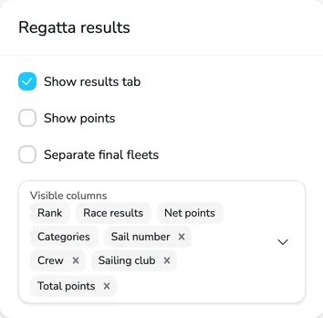 Regatta results section with the Show results tab, Show points, Separate final fleets and Visible columns fields