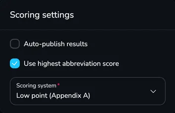 Scoring settings section with the Auto-publish results, Use highest abbreviation score and Scoring system fields
