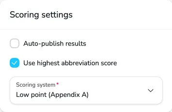 Scoring settings section with the Auto-publish results, Use highest abbreviation score and Scoring system fields