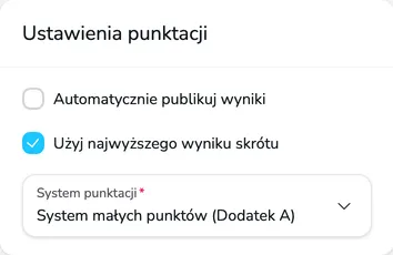 Sekcja Ustawienia punktacji z polami Automatycznie publikuj wyniki, Użyj najwyższego wyniku skrótu i System punktacji