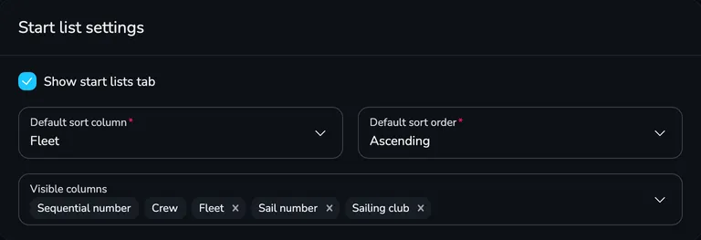Start list settings card with the Show start lists tab field, the default sorting and visible columns