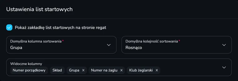Karta Ustawienia list startowych z polem Pokaż zakładkę list startowych, domyślnym sortowaniem i widocznymi kolumnami
