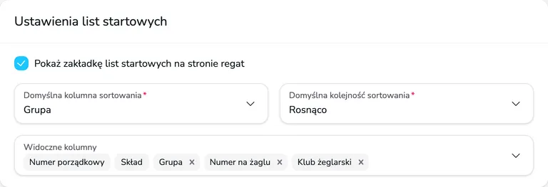 Karta Ustawienia list startowych z polem Pokaż zakładkę list startowych, domyślnym sortowaniem i widocznymi kolumnami