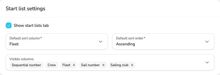 Start list settings card with the Show start lists tab field, the default sorting and visible columns