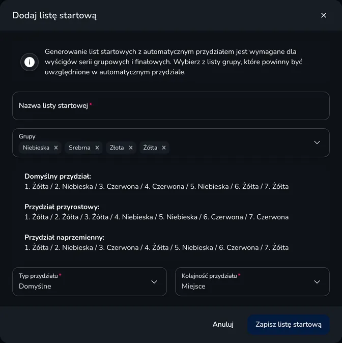 Okno Dodaj listę startową z nazwą, grupami, opisem typów przydziału, typem przydziału i kolejnością przydziału