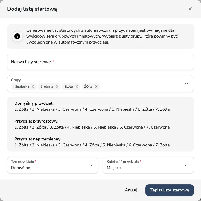 Okno Dodaj listę startową z nazwą, grupami, opisem typów przydziału, typem przydziału i kolejnością przydziału