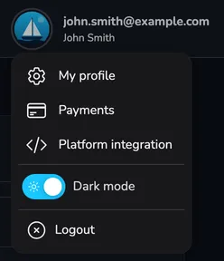 The expanded user menu with the My profile, Payments and Platform integration items, the Dark mode switch and Logout