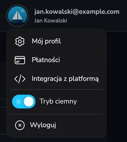 Rozwinięte menu użytkownika z pozycjami Mój profil, Płatności, Integracja z platformą, przełącznikiem Tryb ciemny i pozycją Wyloguj