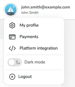 The expanded user menu with the My profile, Payments and Platform integration items, the Dark mode switch and Logout