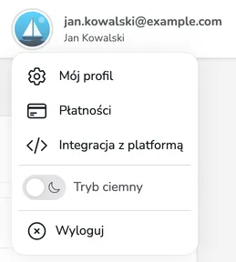 Rozwinięte menu użytkownika z pozycjami Mój profil, Płatności, Integracja z platformą, przełącznikiem Tryb ciemny i pozycją Wyloguj